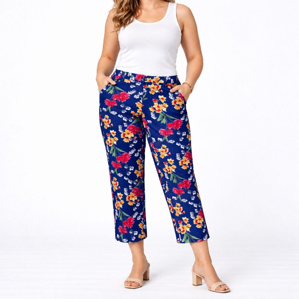 Lands End Stretch Floral Straight Leg Pants Size 10P NWOT
